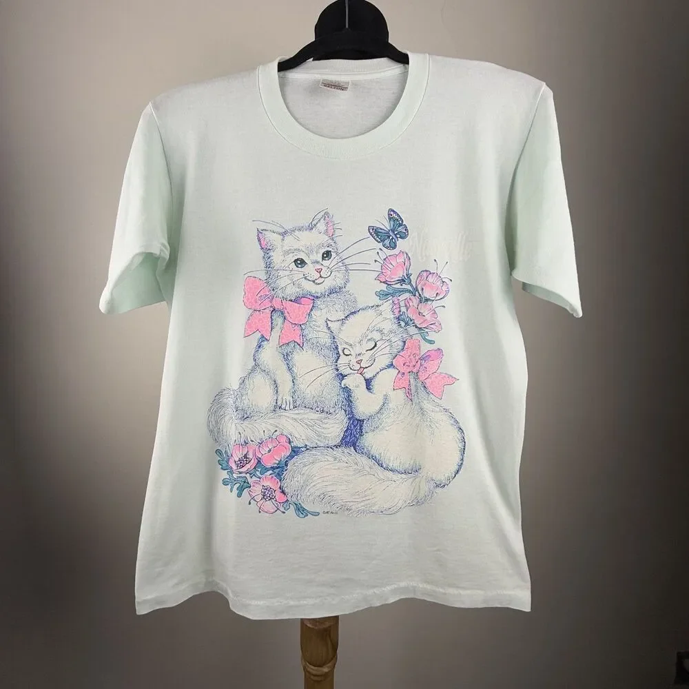 80s/90s Vintage Graphic Cat T-Shirt Pastel Kawaii Kitten | Made in USA - Picture 4 of 14